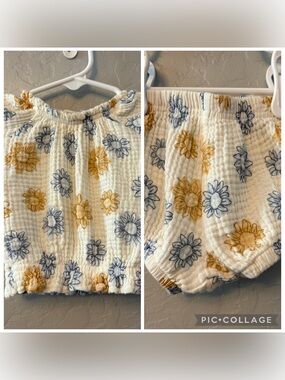 Wonderluxe cream muslin cotton 2 piece outfit with blue flowers 6-9 months